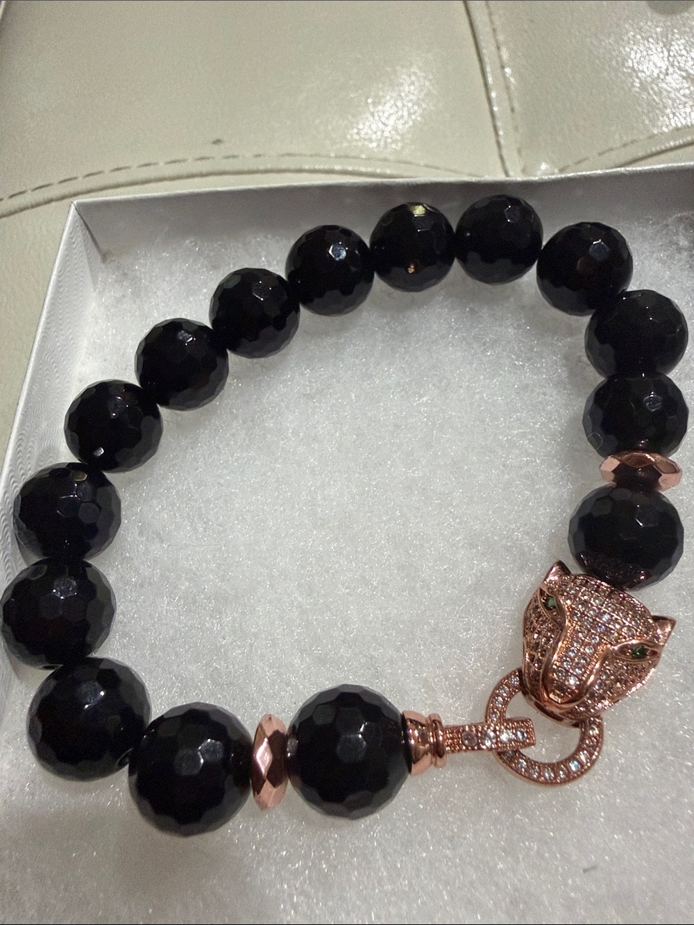 Black Faceted Bead Bracelet with Rose Gold Panther Clasp